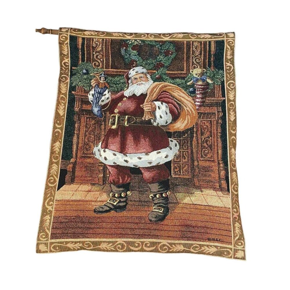 Riddle Home & Gift Wall Tapestry 28”x24” Fireplace Santa Wooden Rod Christmas